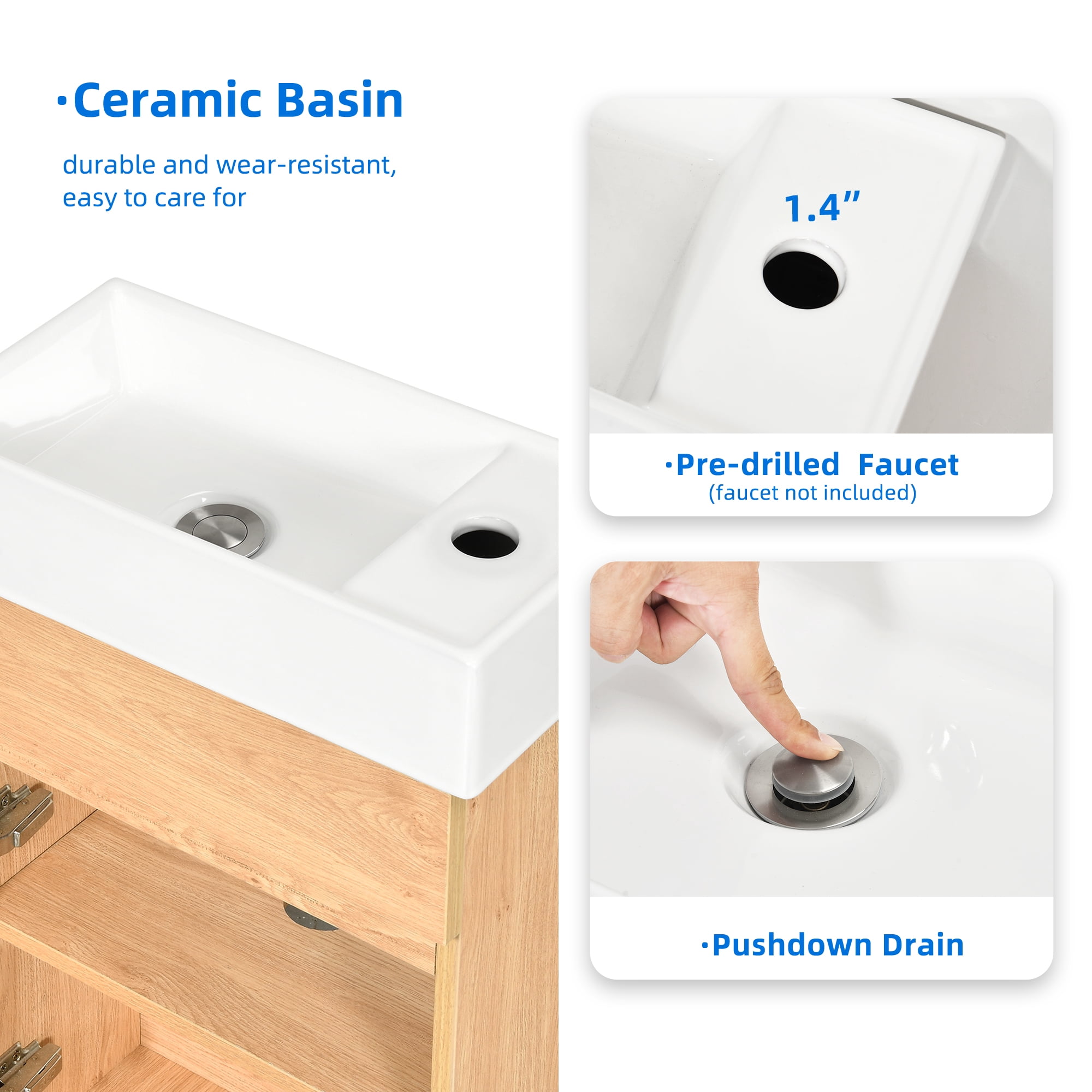 Dextrus 16 Inch Small Bathroom Vanity with Undermount Sink, Free Standing Bathroom Storage Cabinet with Drain, Oak