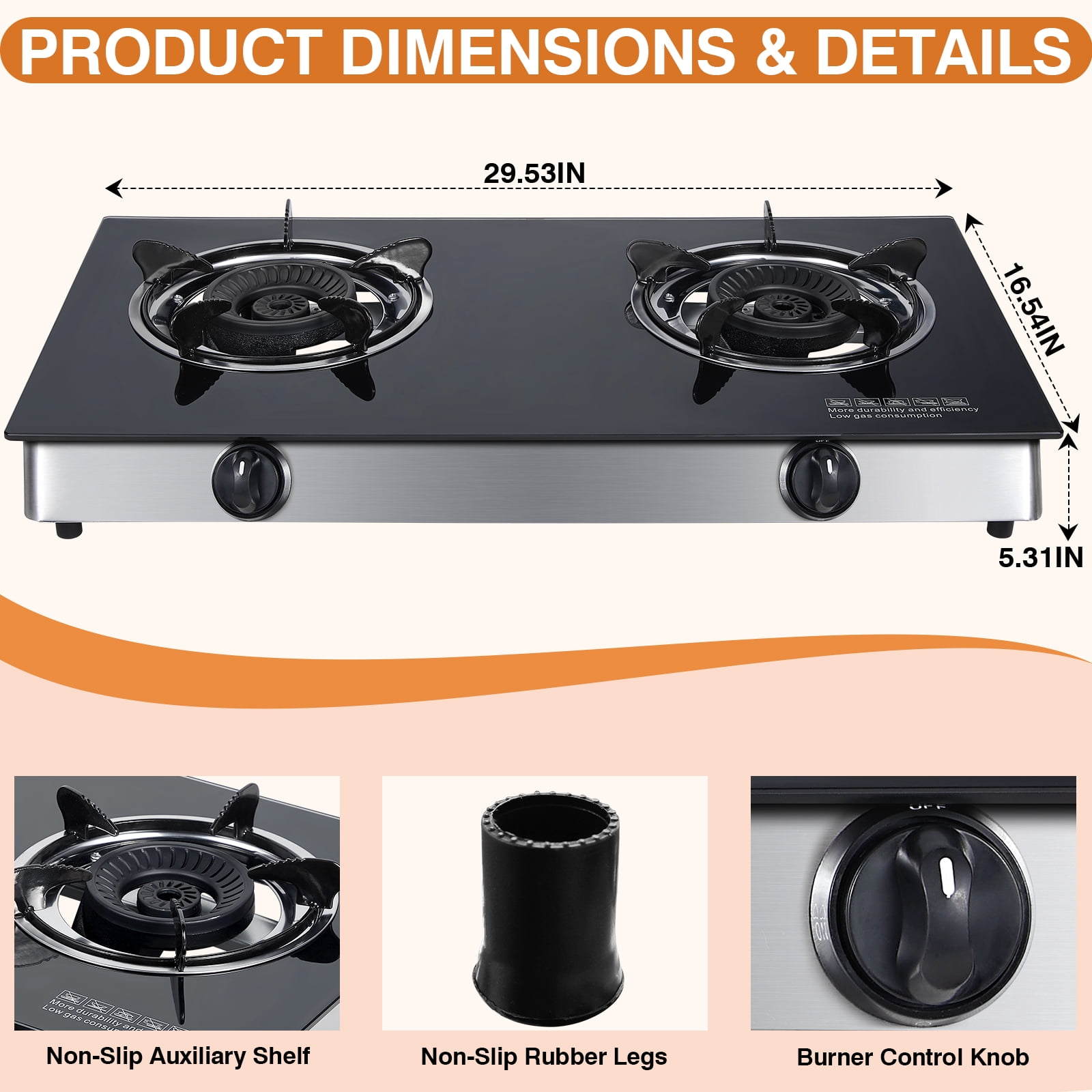 SIXDAY 2 Burner Propane Gas Cooktop, 19,000 BTU Portable Tempered Glass Stove with Auto Ignition, CSA Regulator & Hose