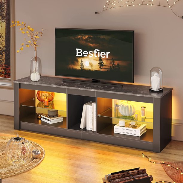 TV Stand Black Marble LED Entertainment Center for 55+ Inch TV Gaming