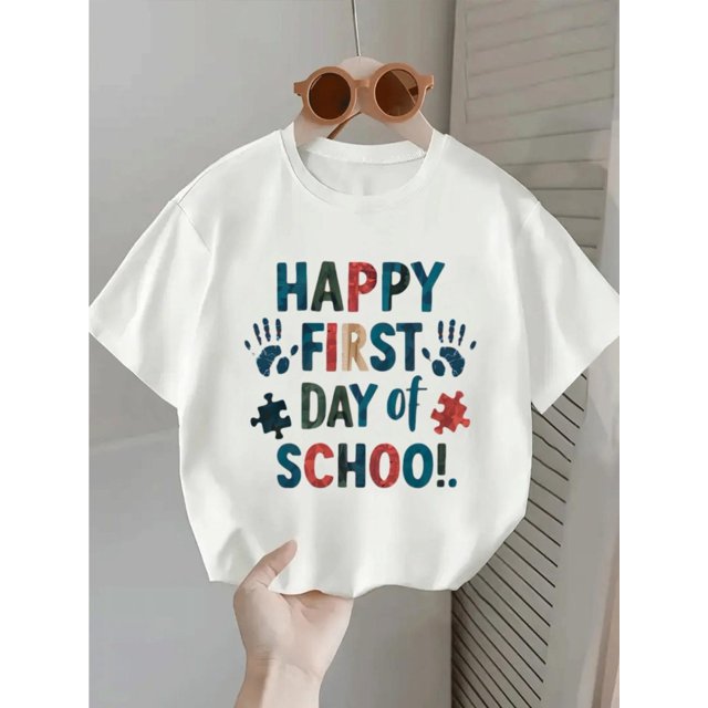 Girls' Cute "Happy First Day of School!" Graphic T-Shirt - Black with Colorful Print, Soft & Comfortable Short Sleeve Tee for Youngsters, Perfect for Back-to-School outfits, Girls Tshir