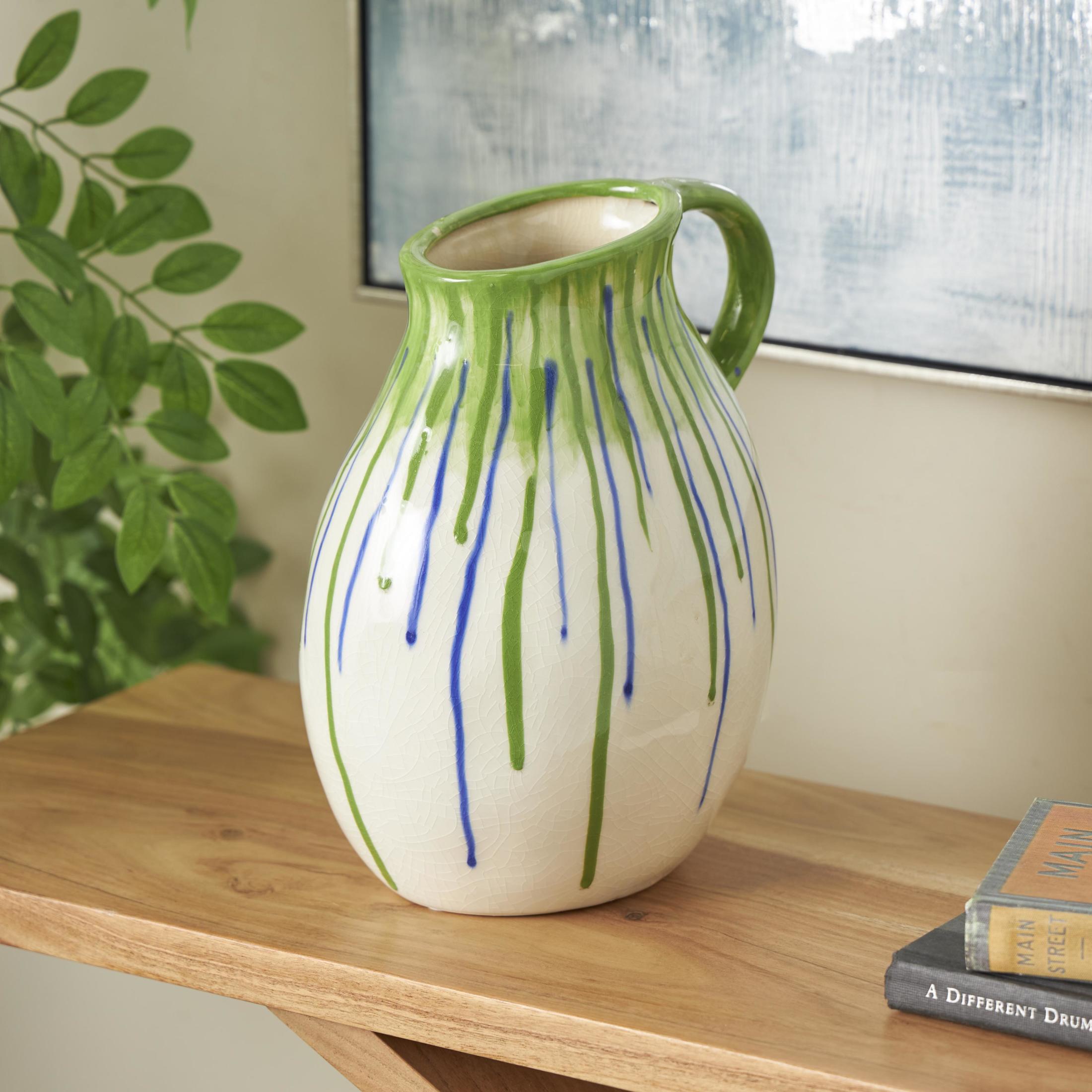 DecMode 11" Abstract White Ceramic Vase with Green and Blue Drip Design and Handle