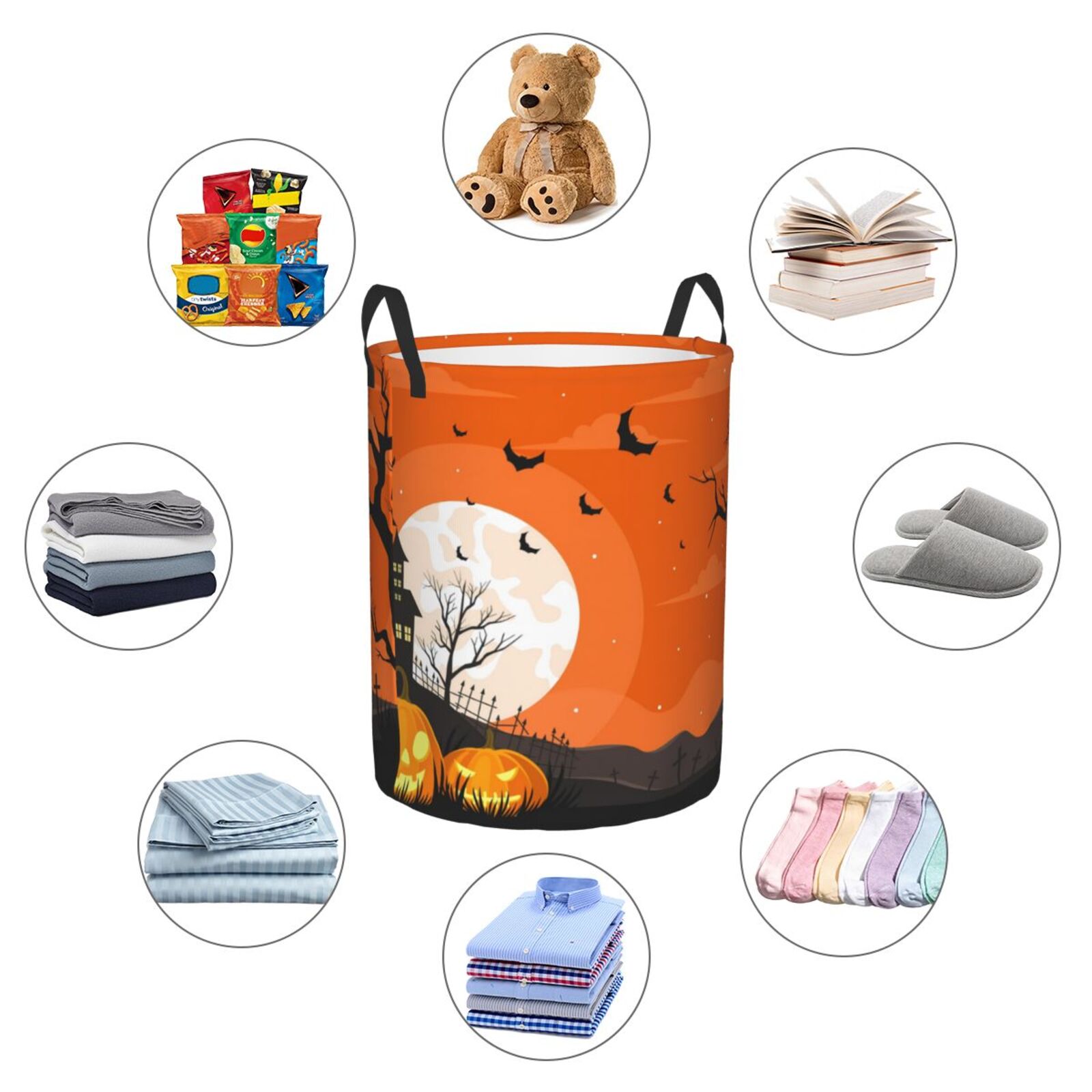 Large Laundry Basket with Handles - Halloween Orange Night Scene Kids Baby Dirty Clothes Laundry Hamper for Bedroom Aesthetic