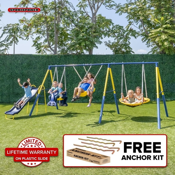 Sportspower Super Star 5-in-1 Metal Swing Set: 2 Swings, Flying Saucer, 2-Person Roman Glider, 6.5-FT Slide; Great for Kids 3-8; Bonus Anchor Kit