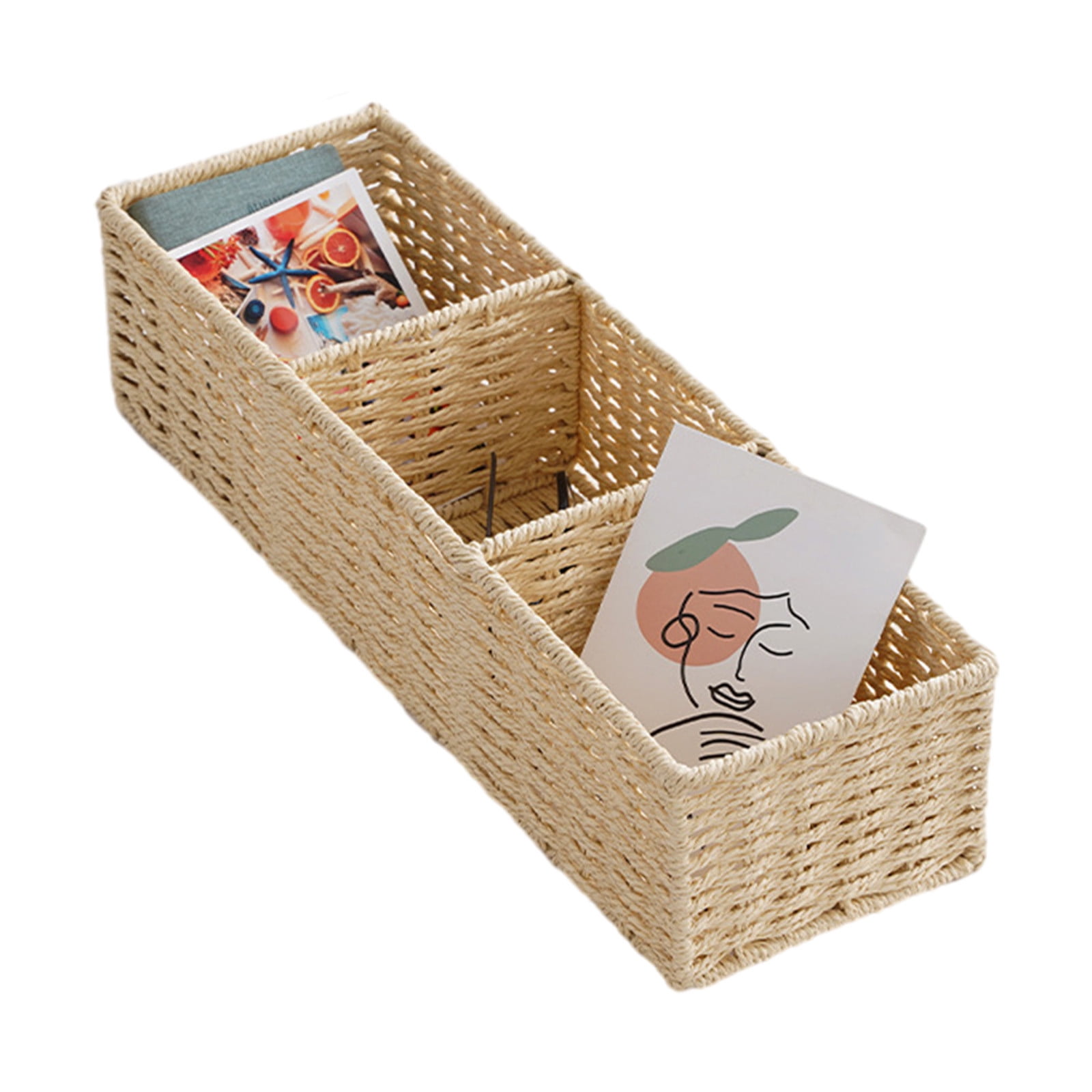 Kuroiy Modern Multi-Compartment Cosmetics Storage Box Organizer | Rattan Paper Rope | Large Capacity Desktop Basket | Coffee Beige Modern Design | Dorm Desk Accessories