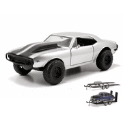 Diecast Car & Trailer Package - Fast & Furious Roman's Chevy Camaro Off Road, Silver with Stripes - Jada Toys 97166 - 1/24 Scale Diecast Model Toy Car w/Trailer