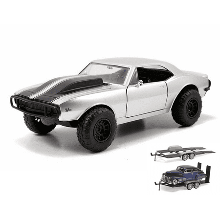 Diecast Car & Trailer Package - Fast & Furious Roman's Chevy Camaro Off Road, Silver with Stripes - Jada Toys 97166 - 1/24 Scale Diecast Model Toy Car w/Trailer