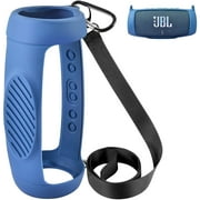 Silicone Case Cover Compatible with JBL Charge 5 Waterproof Portable Bluetooth Speaker, Travel Carrying Protective Gel Soft Skin, Waterproof Rubber Pouch with Shoulder Strap and Carabiner - Blue