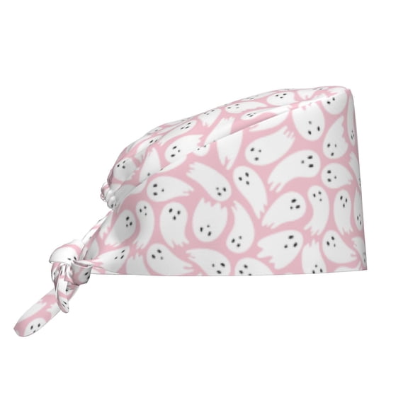 Scrub Caps Women Men - Pink Ghost Halloween Fun Soft Comfy Waterproof Adjustable Working Cap Scrub Hats Surgical Caps for Women Men With Sweatband, Nurse Caps for Women Men