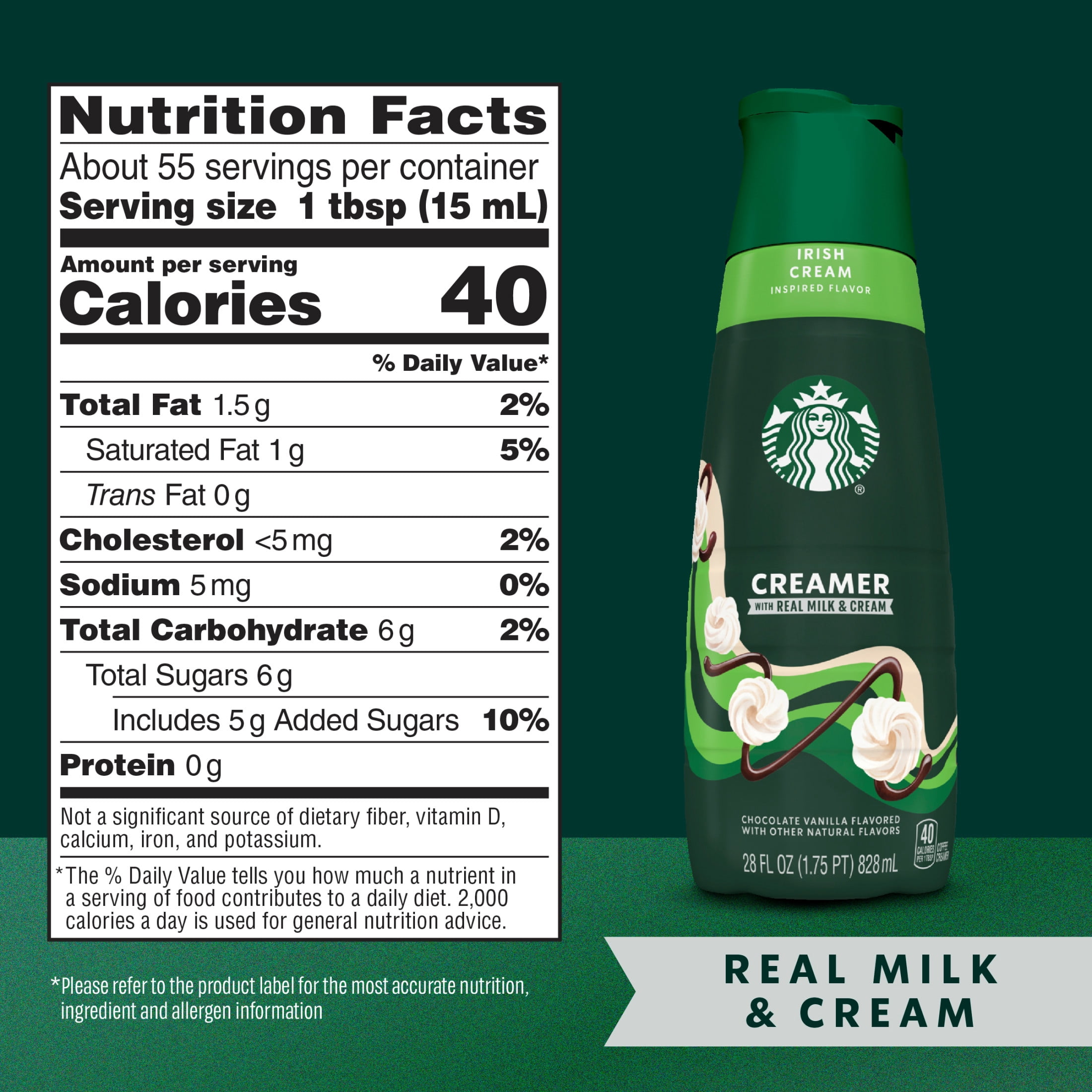 Starbucks Irish Cream Coffee Creamer, Chocolate & Vanilla Flavored Liquid Creamer with other natural flavors, 28 fl oz bottle
