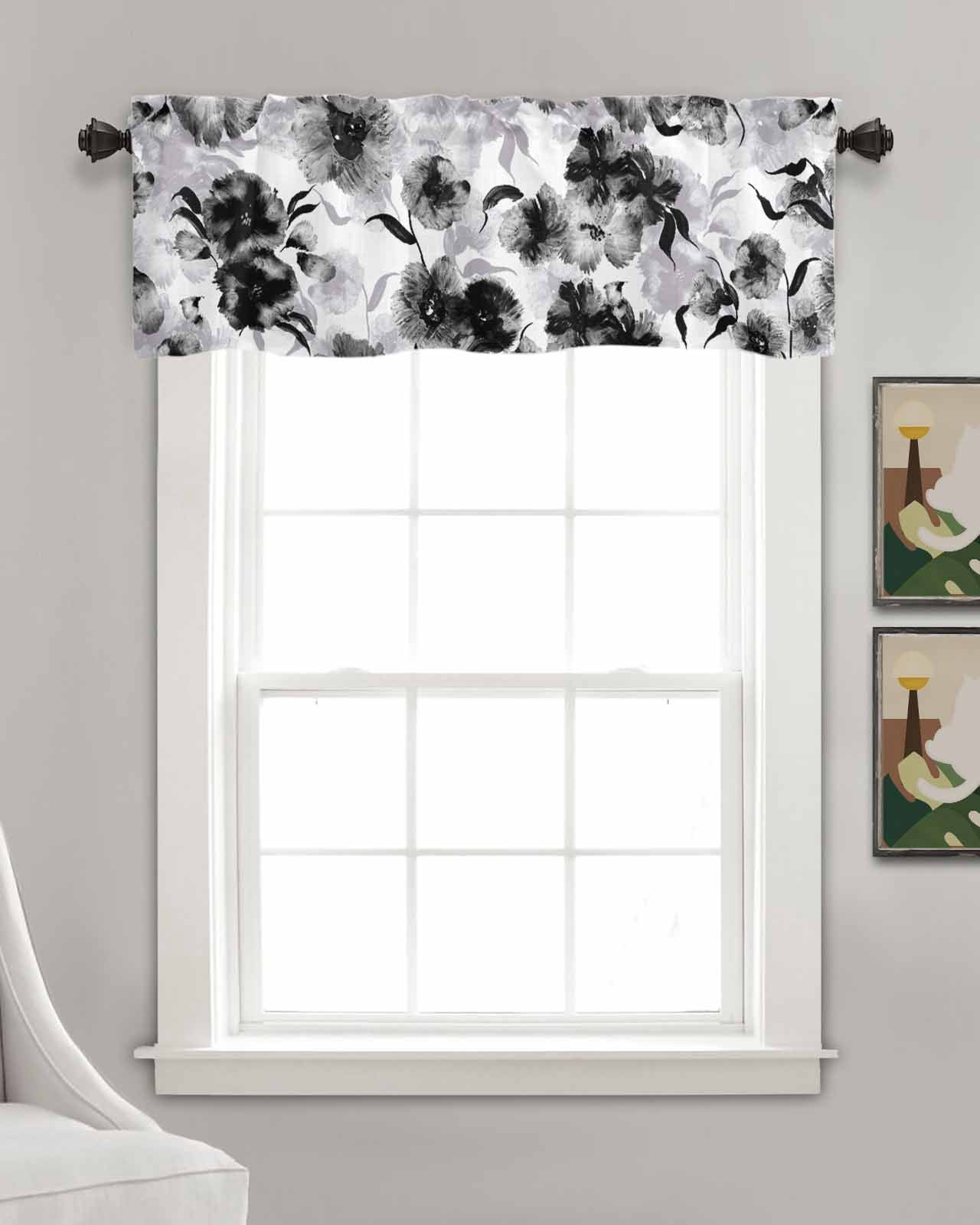 Black Grey Flower Linen Curtain Valance for Bedroom/Bathroom/Kitchen/Office/Living/Dining Room Windows, Watercolor Blossom Botanical Plant Rod Pocket Topper Decorative Cafe Drapes Panel 42"x18"