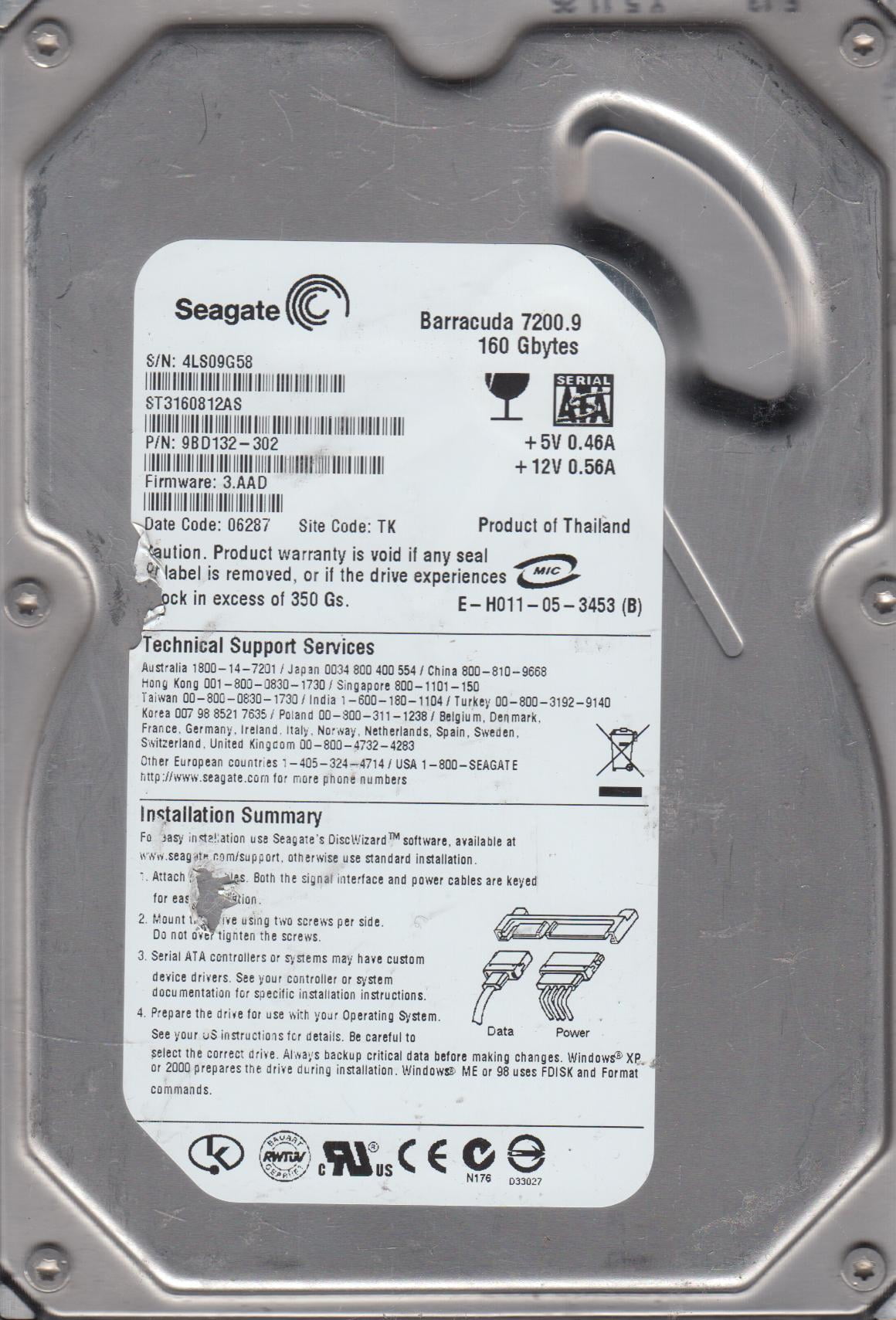 ST3160812AS, 4LS, TK, PN 9BD132-302, FW , Seagate 160GB SATA