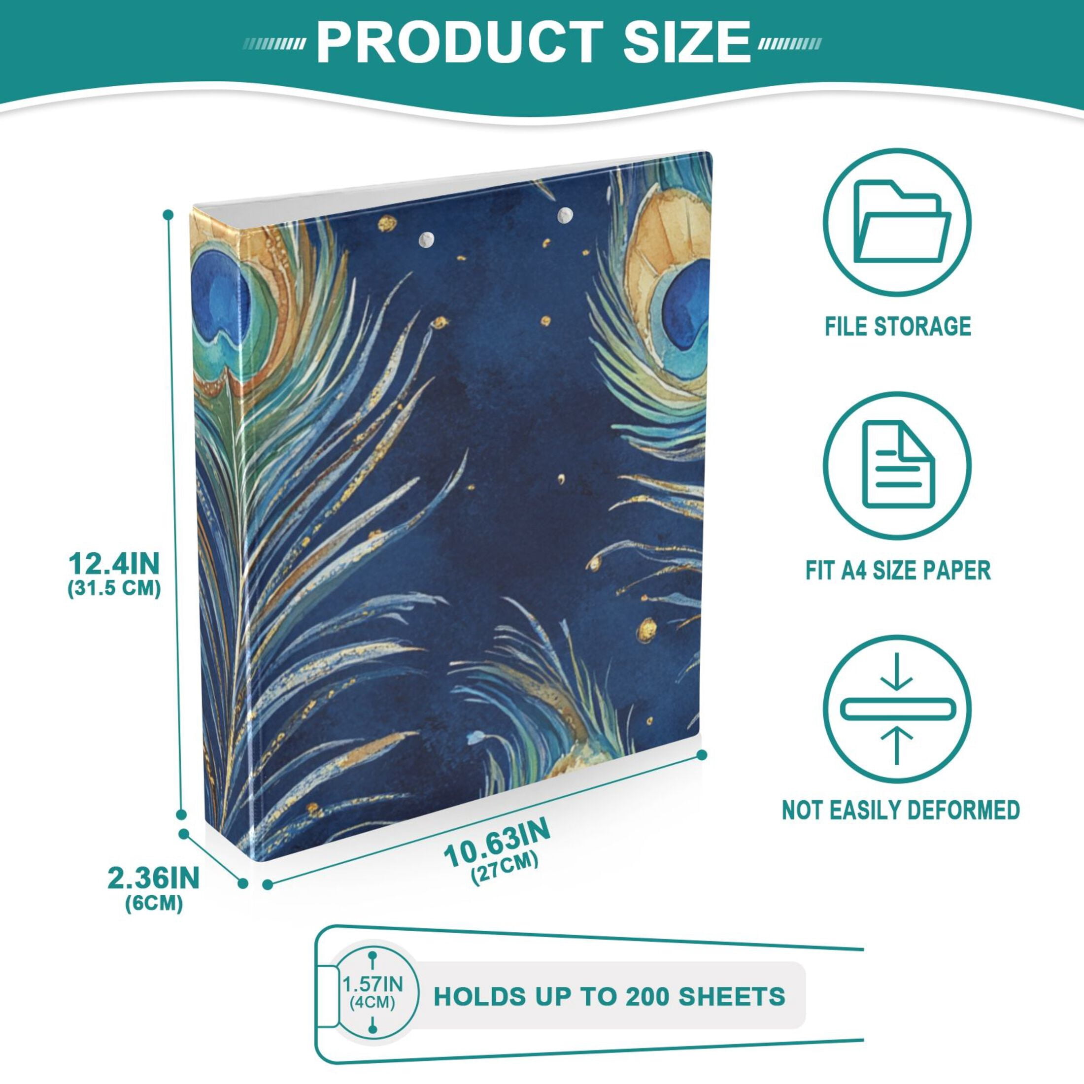 Peacock and Feather 3 Ring Binders 1.5 inch Hardcover File Folders with Interior Pockets A4 Size Organizer for School Office Hospital Set of 2