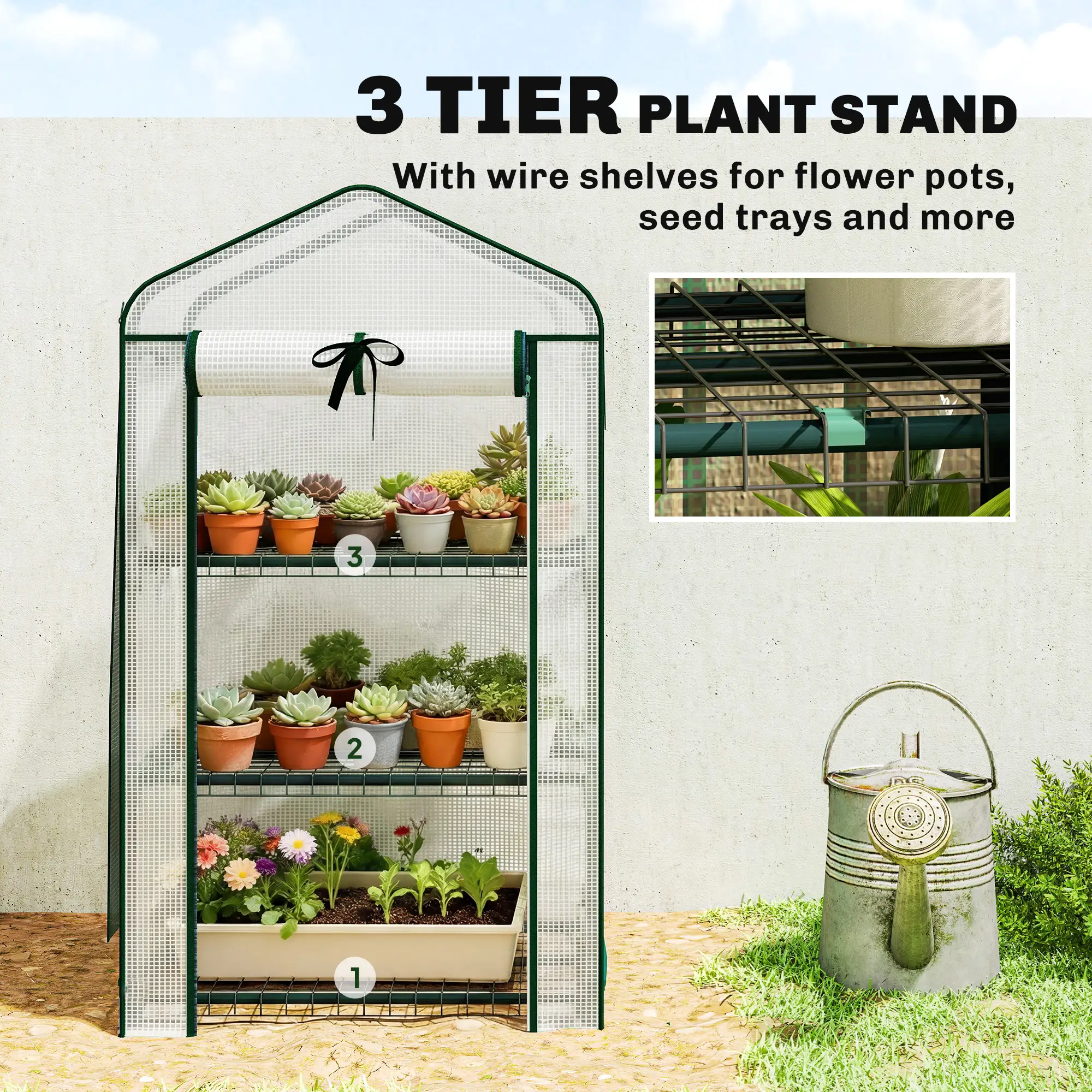 3-Tier Mini Greenhouse with Double-Layer Roof, 140gsm PE Cover, Roll-Up Zippered Door, Powder-Coated Steel Frame, Stability Side Bags for Indoor Outdoor Plants