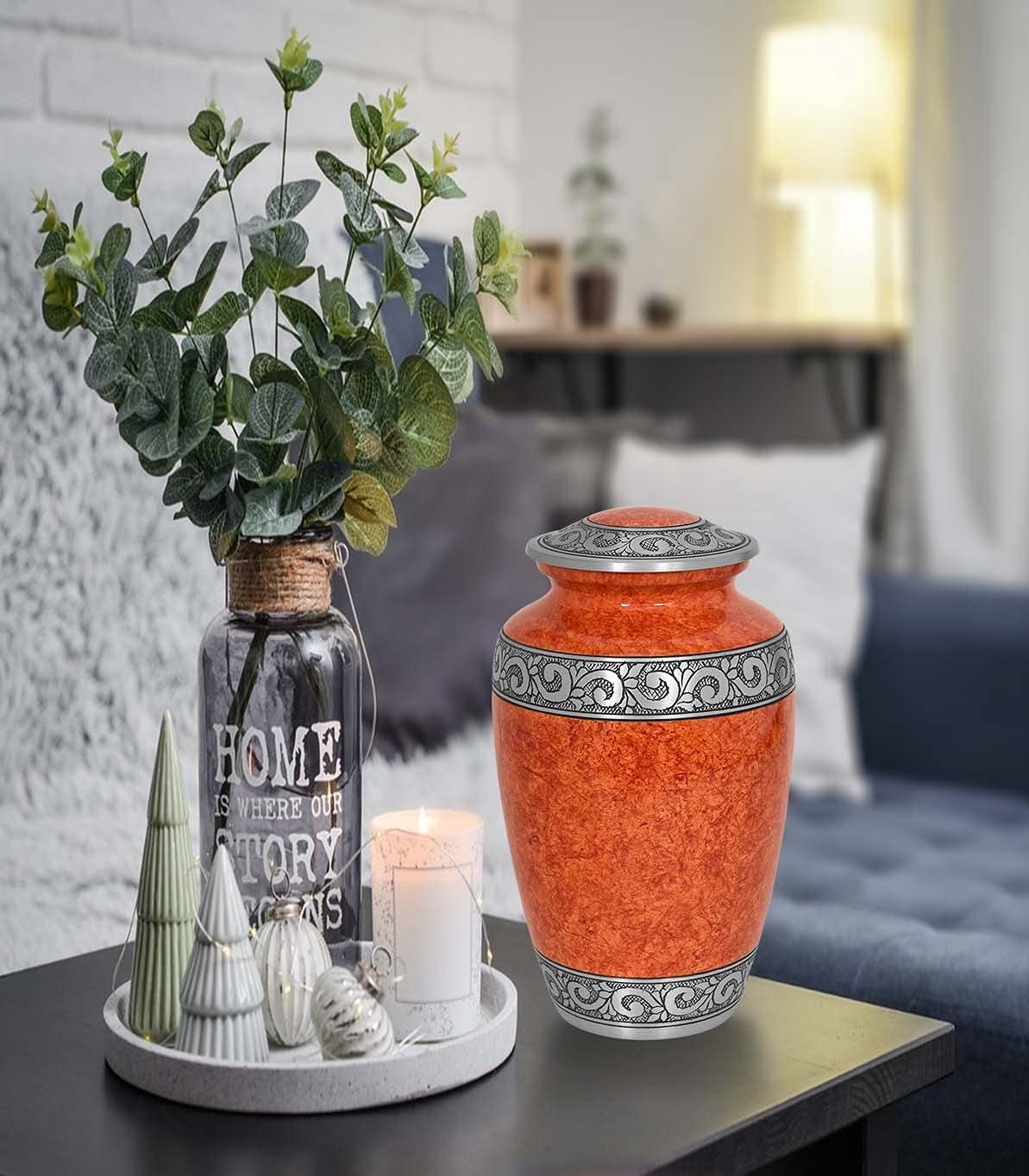 Elegant Hand-Engraved Orange Cremation Urn for Human Ashes | Large Capacity Metal Funeral Urn (200 lbs) | Decorative Silver Band Memorial