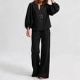 thumbnail image 4 of Womens Casual Two-Piece Outfit V-Neck Long Sleeve Top High Waist Straight Leg Pants with Pockets Cotton Linen Set Black M(M), 4 of 6