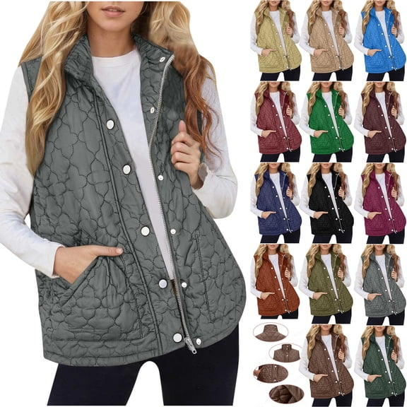 Ladies Winter Sleeveless Jackets, Womens Lightweight Quilted Padded Vests Button Zip up Stand Collar Warm Waistcoat Outwear Gilet with Pockets Gray 3XL