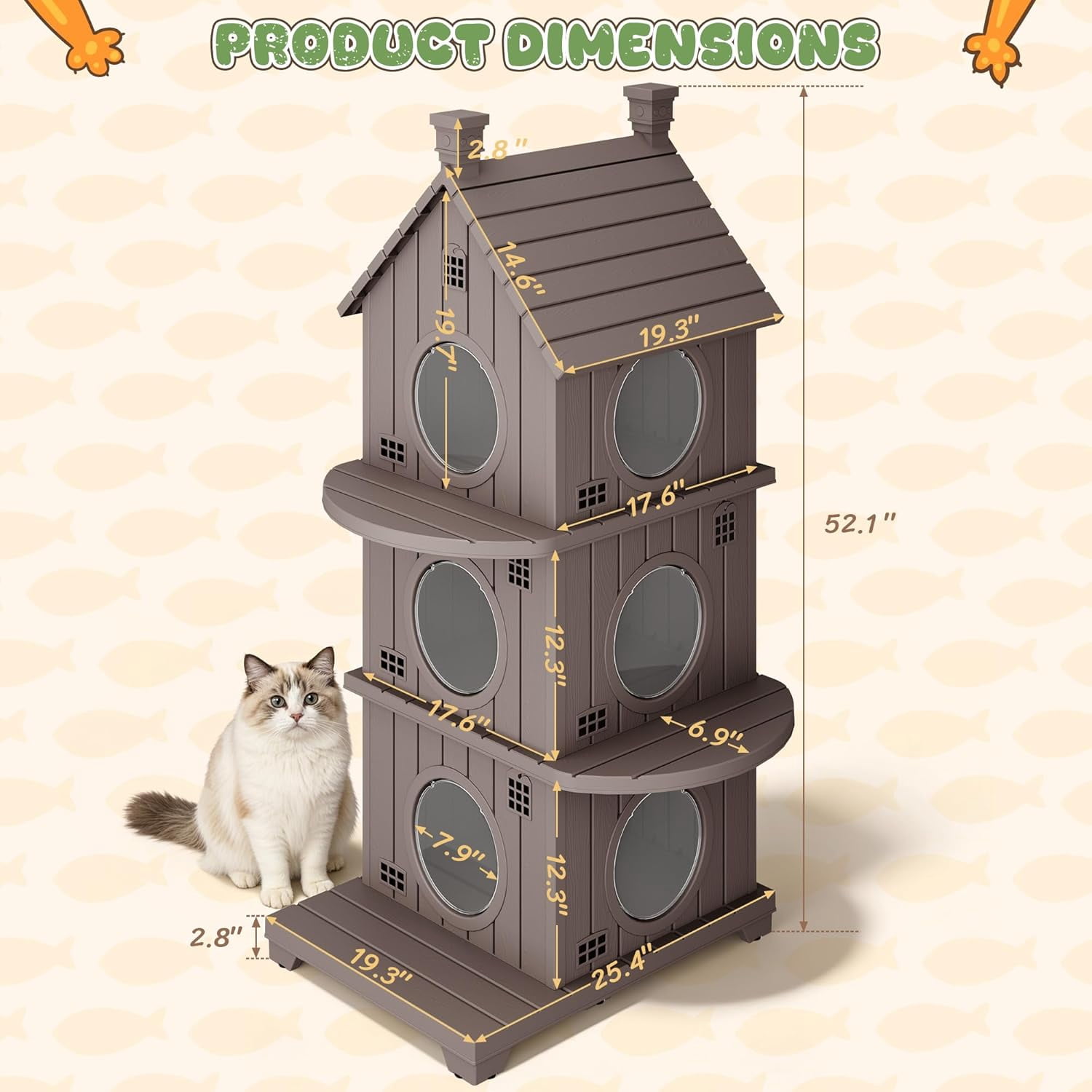 FICARTS Indoor/Outdoor Cat House, Weather-Resistant Pet Shelter with Elevated Base, Multi-Entry Cat Cottage for Feral & Household Cats
