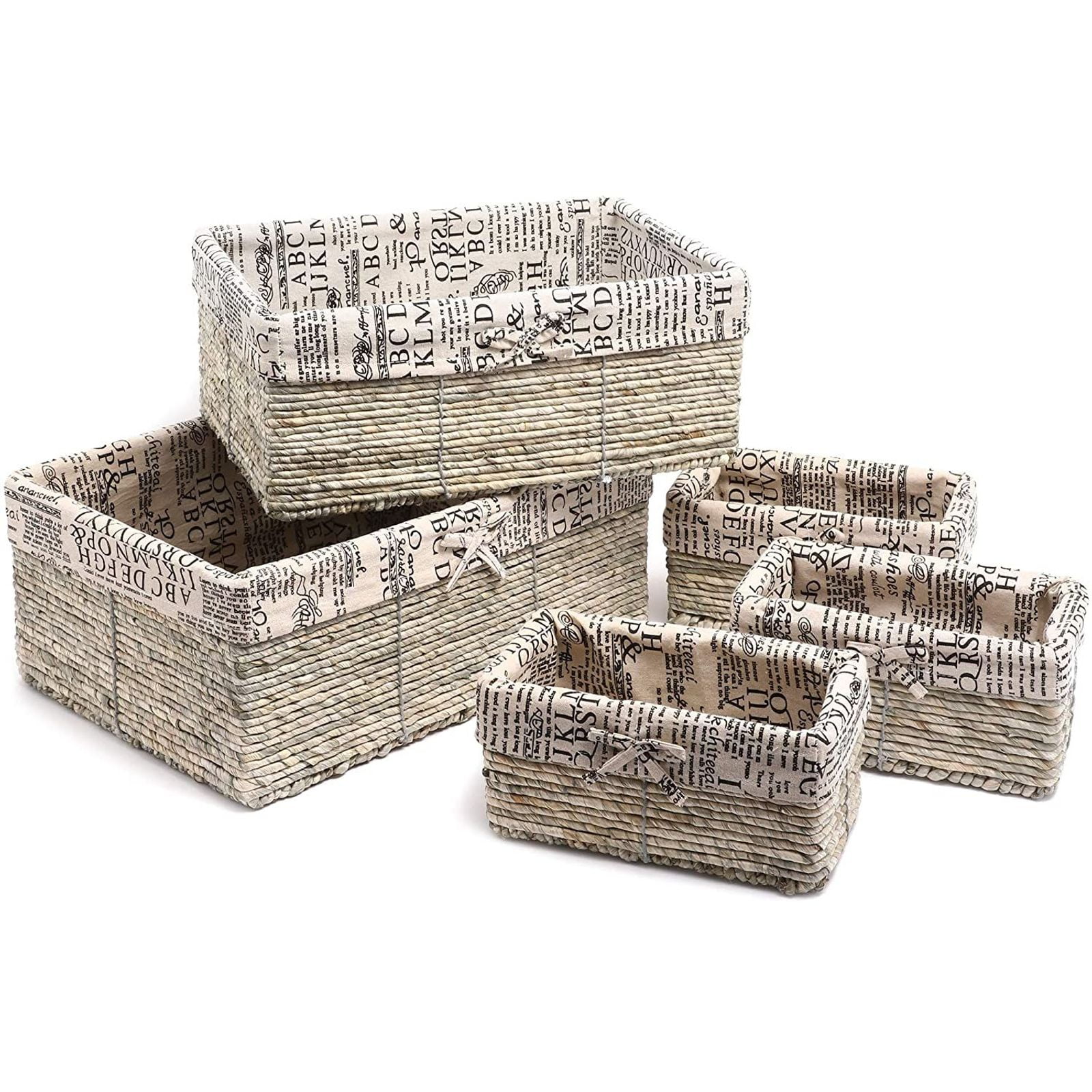 Set of 4 Brown Woven Storage Baskets Removable Linen Liners Durable Metal Frame 
