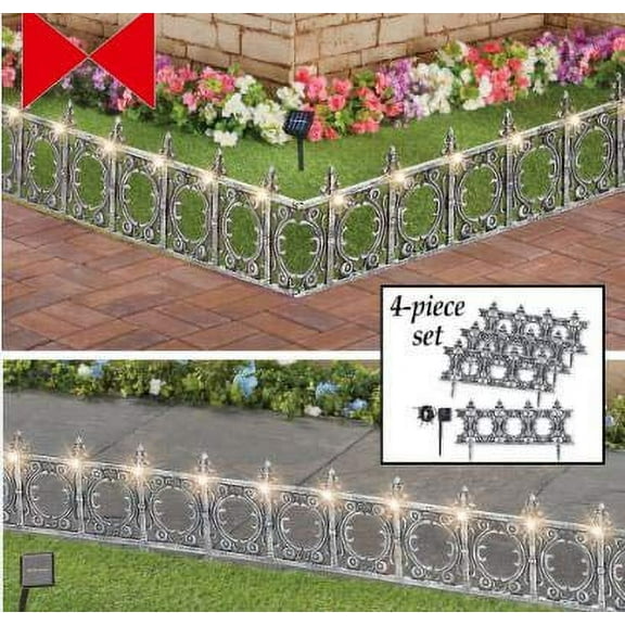 Jumbl Solar-Lit Wrought Iron Style Garden Fence (4 Panels) - Silver