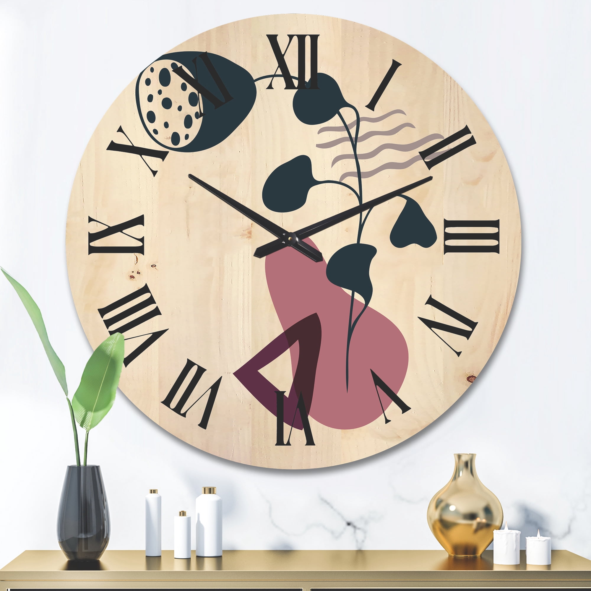 Designart 'Abstract Flowers Plants With Elementary Shapes V' Modern Wood Wall Clock