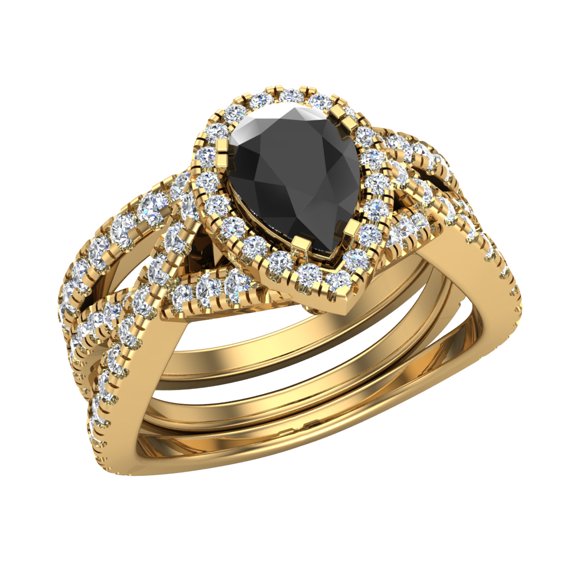 14K Gold Wedding Ring Set Black Diamond Criss-Cross Halo Ring (I,I1)