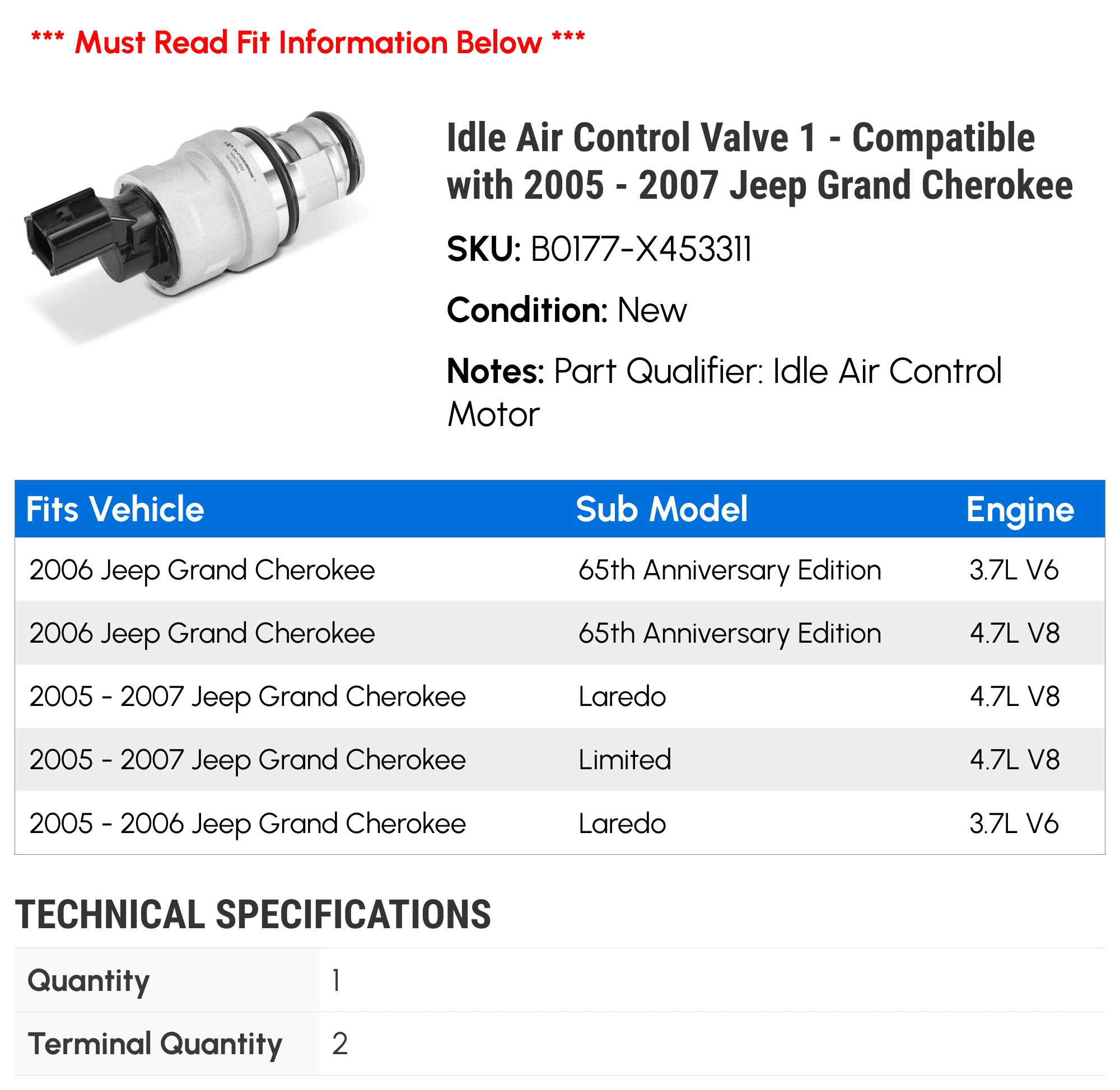 Idle Air Control Valve 1 - Compatible with 2005 - 2007 Jeep Grand Cherokee - Autopart Premium