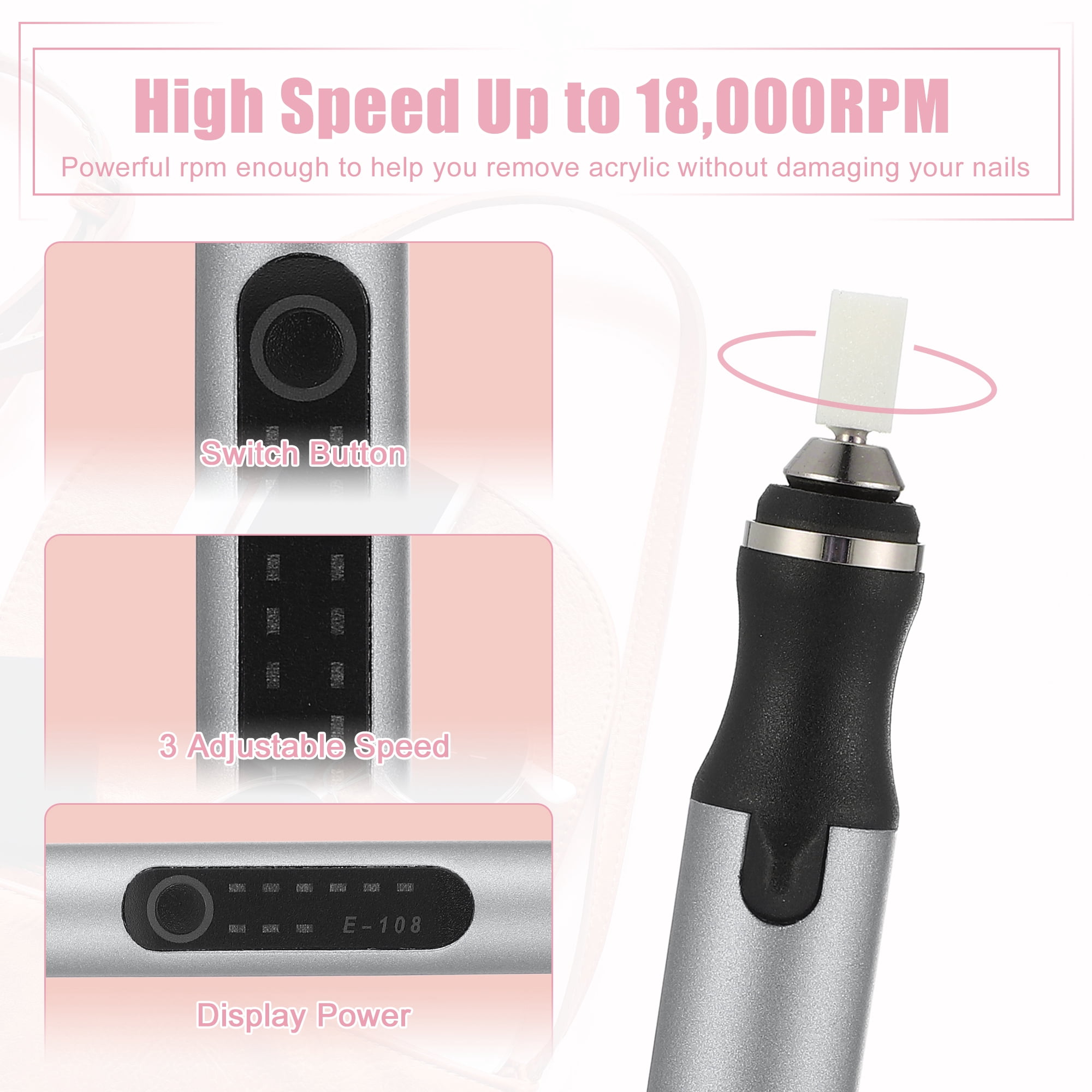 Unique Bargains Electric Cordless Nail Drill Kit 18000RPM Nail Drill Machine for Home Manicure Rechargeable Gray