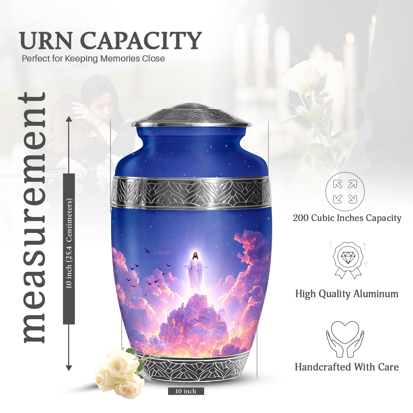 KARYLIZ Jesus Christ Decorative Urns for Burial & Funeral - Midnight Blue Large Cremation Urns for Adults - Funeral Urn for Ashes Adult Female Mom - Human Ash Urn for Ashes Adult Male Drummer 10 Inch