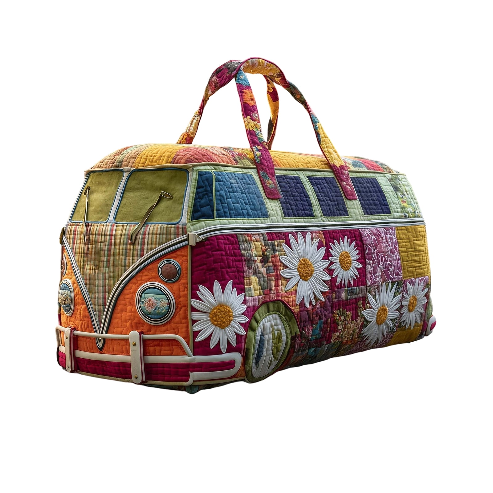 Hippie Van Quilted Duffle Bag, 16"x8"x8" Vintage Boho Canvas Weekender for Women, Colorful Psychedelic Travel Carry-On, Retro Bus Theme Gym Bag with Adjustable Strap(T, 16"x8"x8")