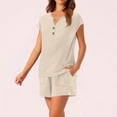 thumbnail image 5 of Women's Casual Cotton Linen Tracksuit Summer Short Sleeve Henley Top & High Waist Wide Leg Shorts Set Breathable Vacation Outfit 2026 Beige XXL, 5 of 7