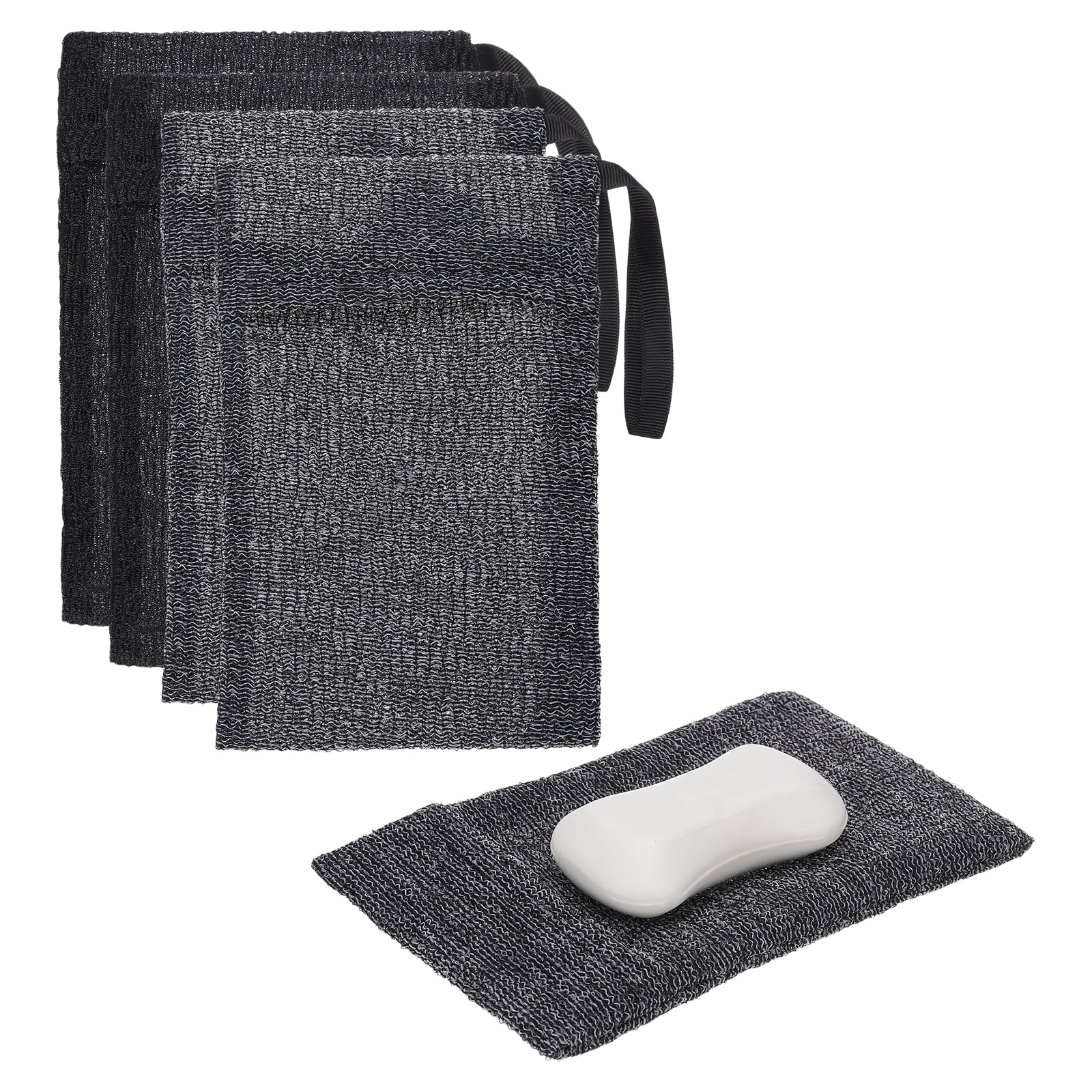 Uxcell Loofah Soap Pouch, 4 Pcs Bar Soap Saver Bag with Black Handle Nylon Body Scrubber Pouch Exfoliating Net for Body Shower Foaming Travel Camping, Grey/Black