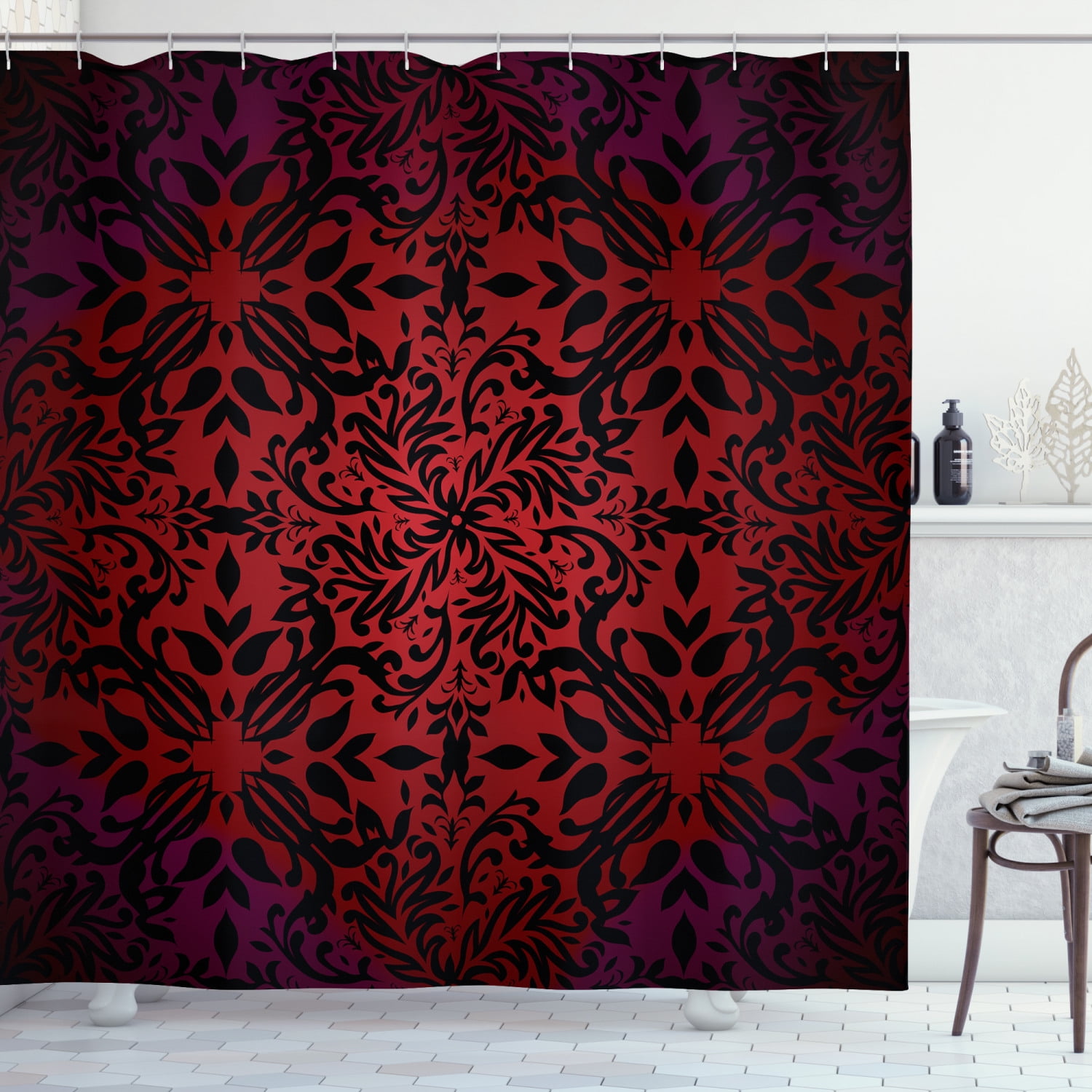 Red and Black Shower Curtain, Tribal Mandala Ethnic Oriental Design