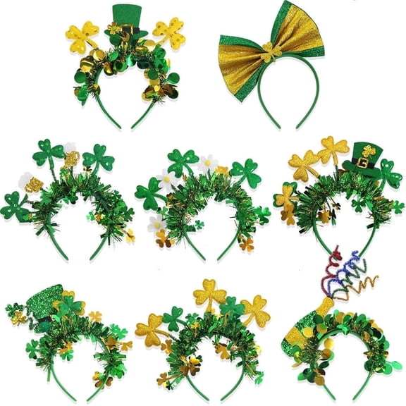 8Pcs Saint Patrick's Day Headbands, Green Shamrock Clover Festive Headband Boppers, Saint Patricks Day Headwear Lucky Green Hairband Party Favors for Women Men