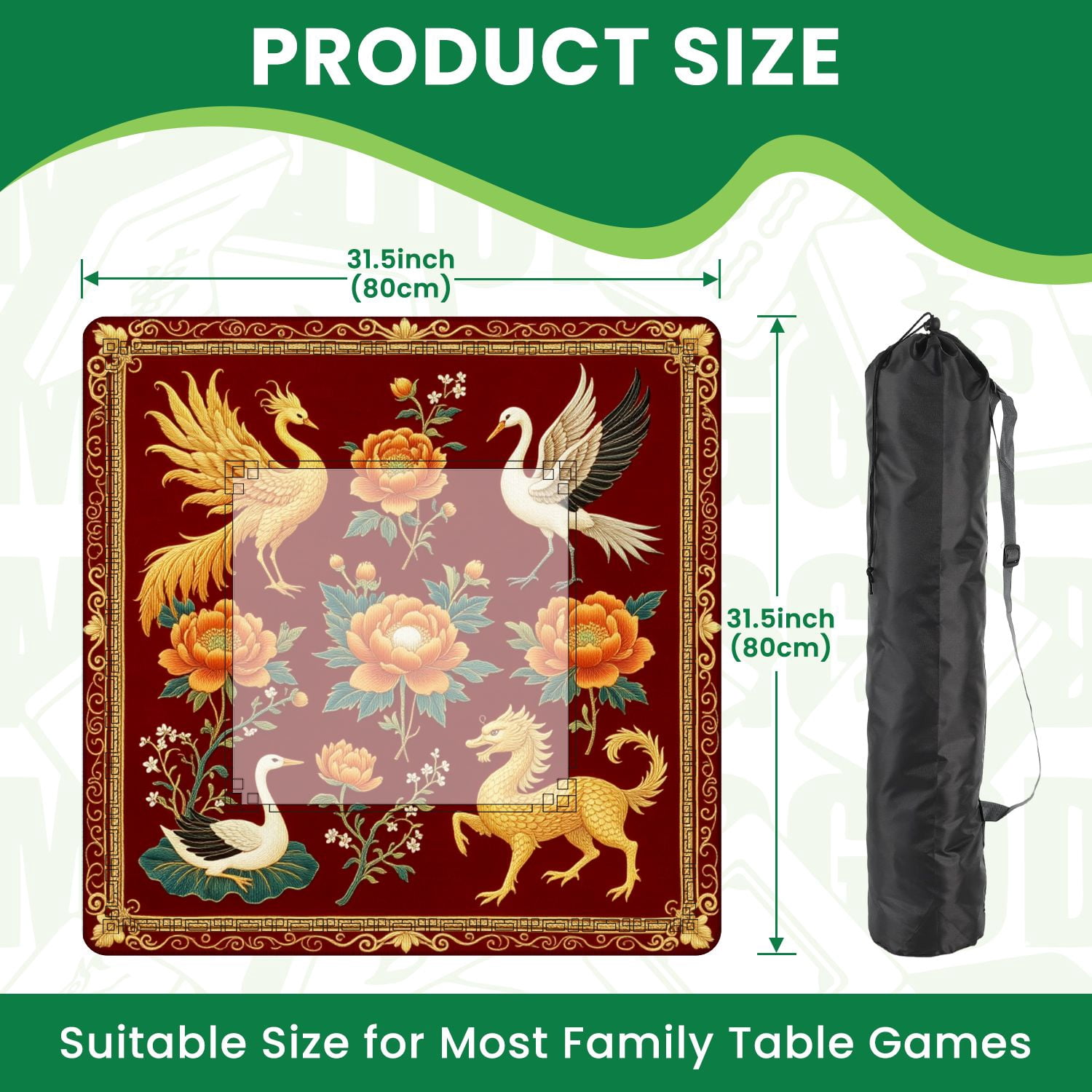 Mahjong Mat 31.5" x 31.5" Golden Crane Blossoming Peonies Ornate Floral Non-Slip Noise Reduction American Mahjong Tiles Table Cover for Dominoes Poker Card Board Games Gift