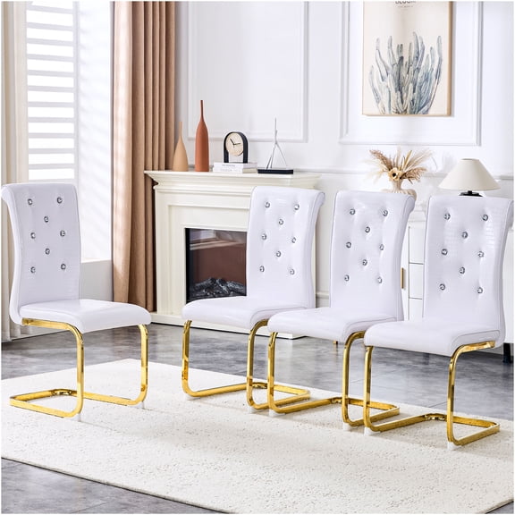 JERFIT Set of 4 Dining Chairs, White Faux Alligator Leather Upholstered Side Chairs with Crystal Buckle Accents and Gold Bow Legs for Kitchen, Dining Room