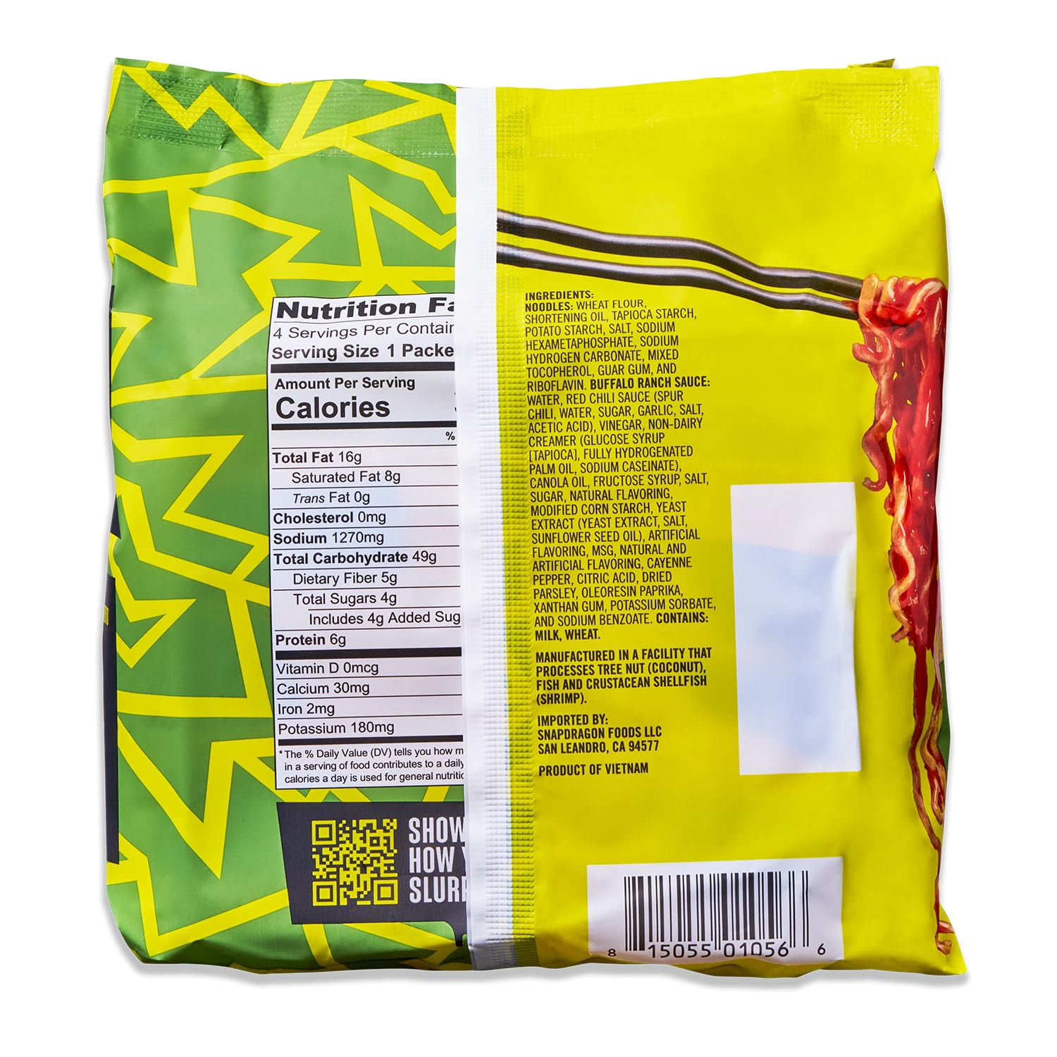 Snapdragon Saucy Instant Noodles with Spicy KKS1&nbsp;Buffalo Ranch Slurpable Sauce - Quick Meal, Snack, and Lunch. 4-Pack Microwave Noodles for Cup, Bowl, Ramen or Asian Stir Fry