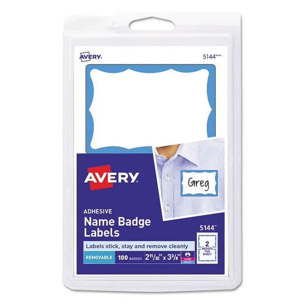 "Printable Adhesive Name Badges, 3.38 X 2.33, Blue Border, 100/pack | Bundle of 5 Packs"