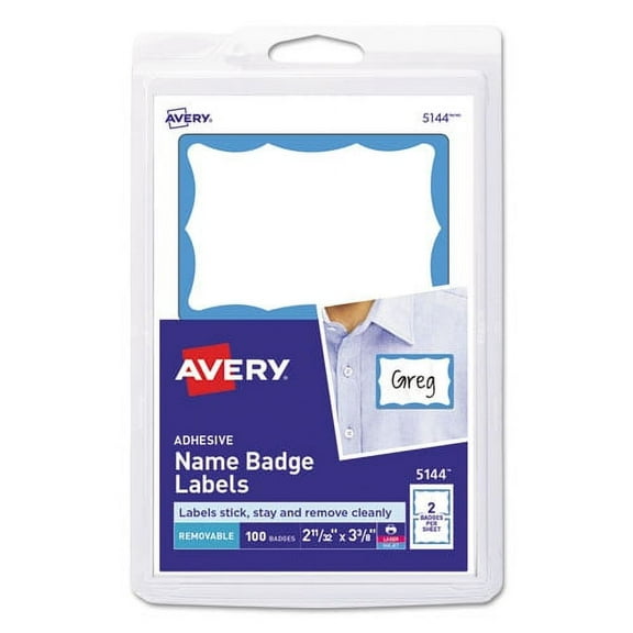 "Printable Adhesive Name Badges, 3.38 X 2.33, Blue Border, 100/pack | Bundle of 2 Packs"