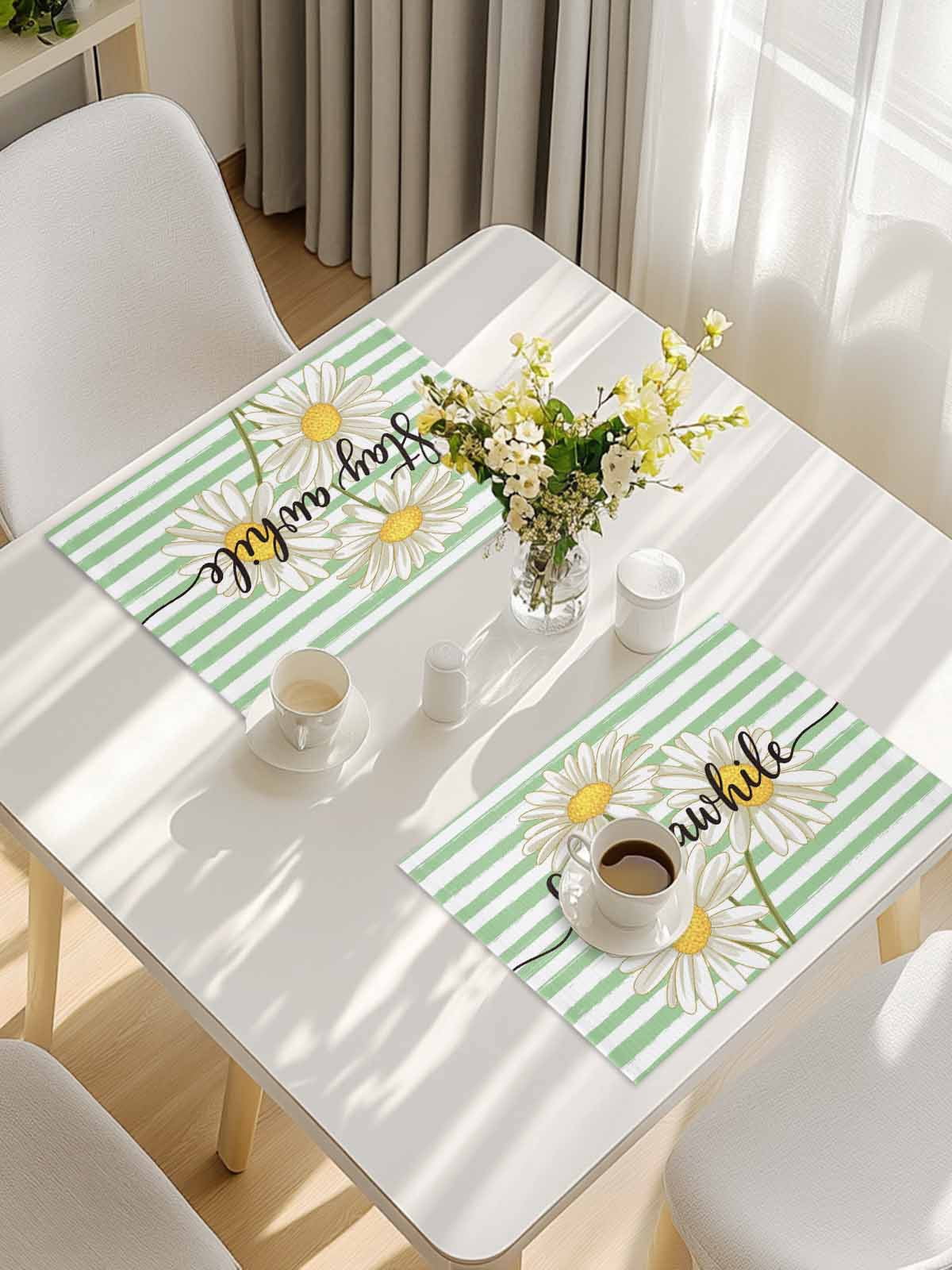 Daisy Flower Placemats Set of 4, Watercolor Farmhouse Country Floral Stripe Placemats for Dining Table, Place Mats for Kitchen Tabletop, Waterproof Wipeable Dining Table Mats Set