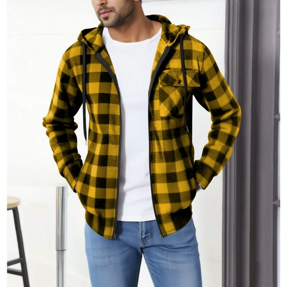 Mens Plaid Hooded Jacket Full Zip up Fall Lightweight Outwear Long Sleeve Casual Outdoor Active Checkered Coat New Winter Jackets for Men Lightweight Yellow L