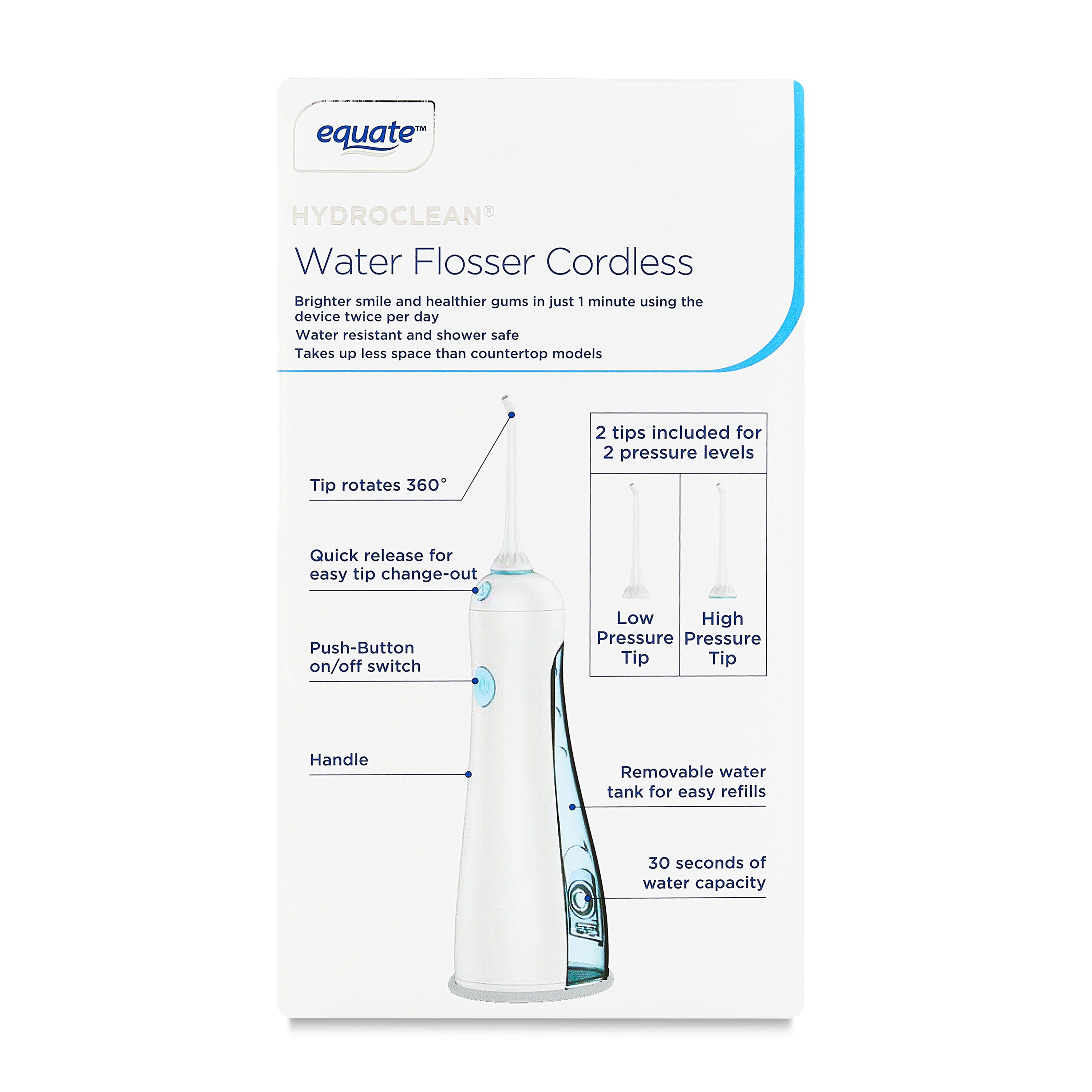 Equate HydroClean Irrigador Dental Inalámbrico con Tanque Extraíble y 2 Puntas de Limpieza a Presión, Blanco 8