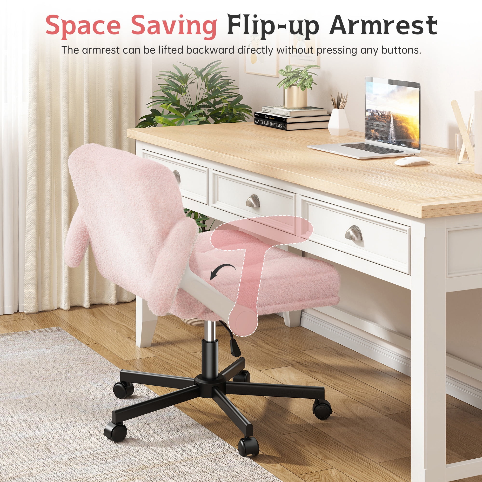 Romorgniz Criss Cross Chair with Flip-up Arms & Wheels Desk Chair with Adjustable Height & Teddy Plush Fabric for Bedroom, Home Office Desk, Vanity, Light Pink