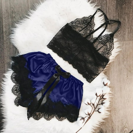 

Egmy Women V-Neck Eyelash Lace Sexy Stain Camisole Pajamas Bowknot Shorts Set