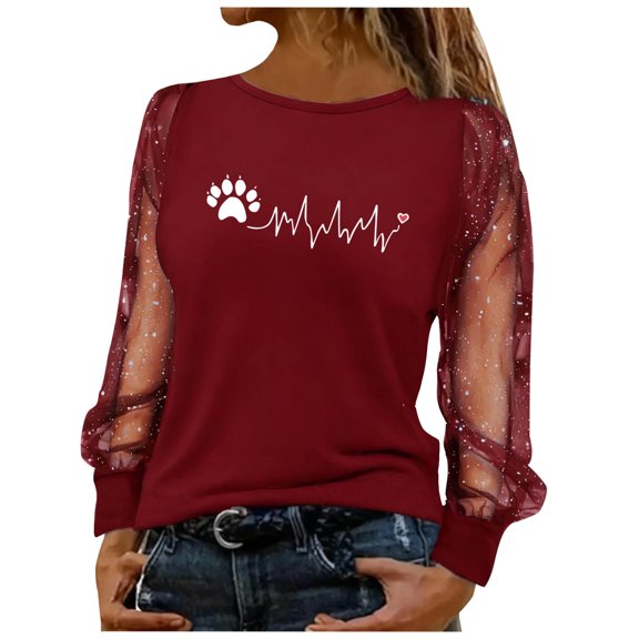 Valentines Shirts for Women Mesh Sequin Long Sleeve Love Heart Print Graphic T-Shirts Shiny Crewneck Pullover Tops (XL, Red)