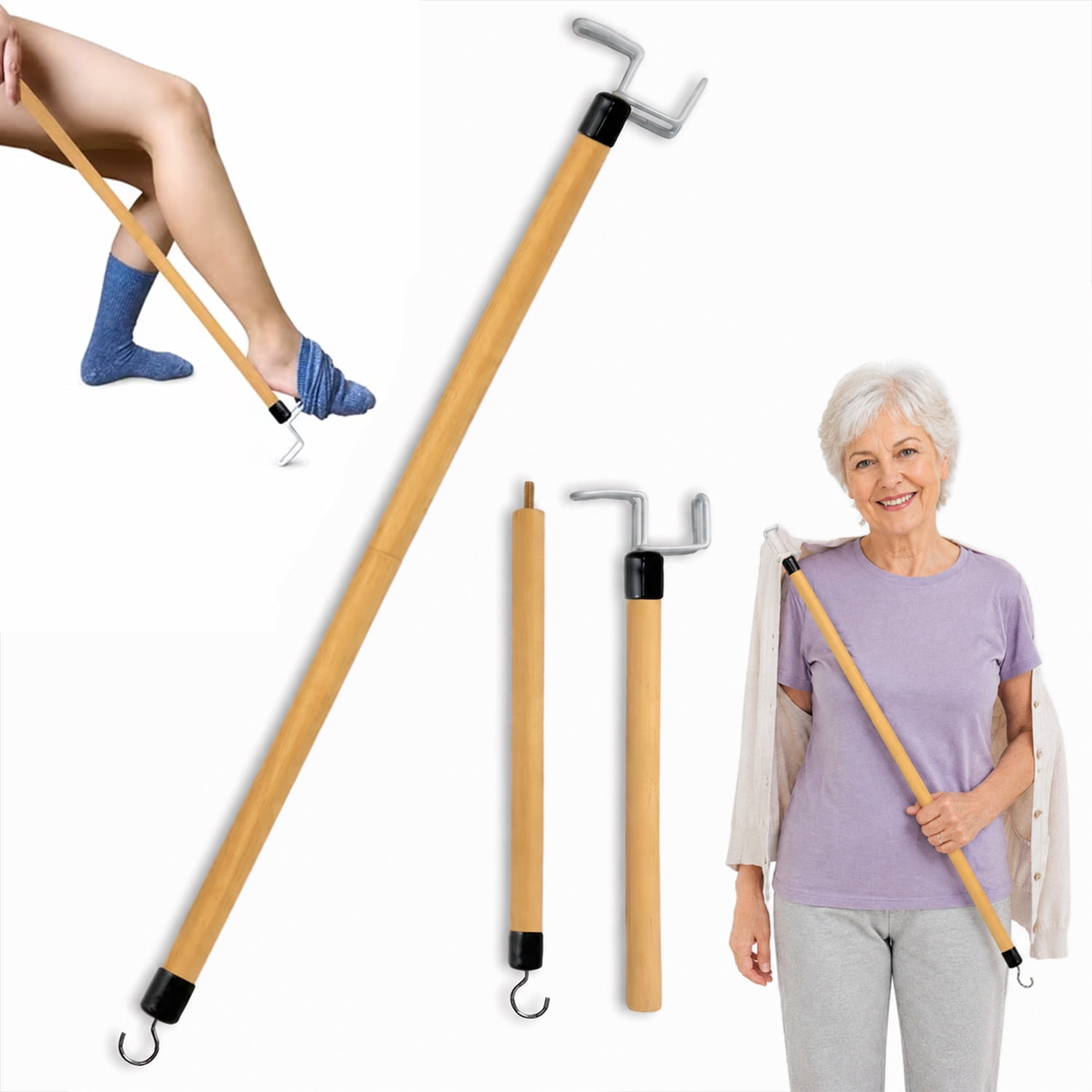 Deally 27'' Dressing Stick, Long Dressing Stick for Elderly, Disabled, Limited Mobility – Daily Living Dressing Aid Stick for Hip Replacement, Back - Dressing Aid for Pants, Shoes, Socks