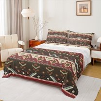 jejeloiu Southwestern Aztec Geometric Full Size Sheets,Rustic Cartoon Flower Bed Sheets,Retro Triangle Rhombus Sheet Sets For Adult,Ultra Soft Home Decor,4pcs