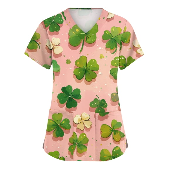 OIOLOYJM St. Patrick's Day Scrubs Tops for Women 2026 Funny Stretchy Clover Print Scrubs V-Neck Short Sleeve Shirts Holiday Blouse with 2 Pockets Green L