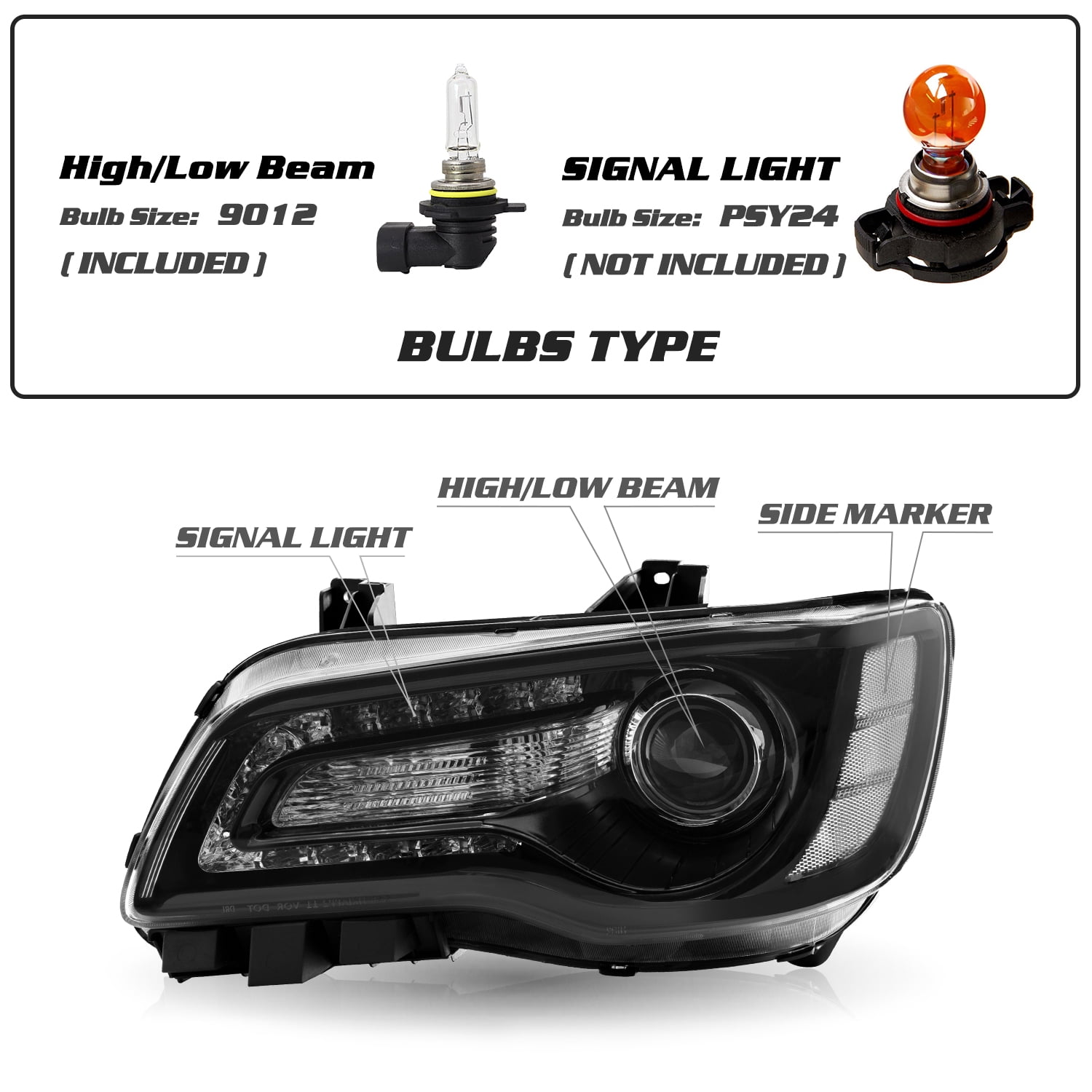 For 2011-2023 Chrysler 300 Headlights LED DRL Projector Black Clear Lens Headlamp LH+RH