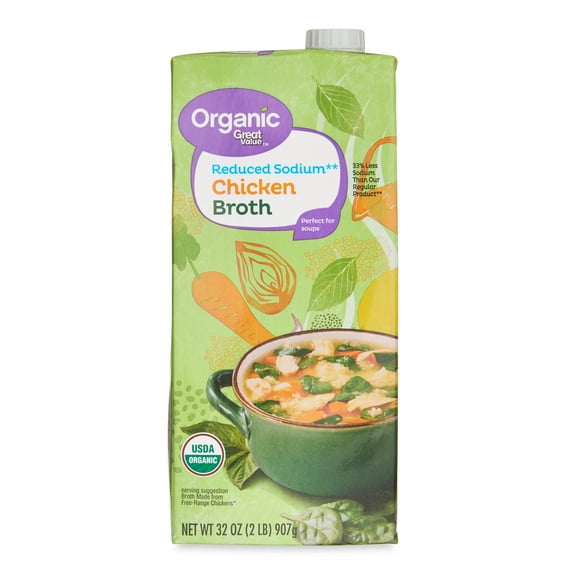 Great Value Organic Reduced Sodium Gluten-Free Chicken Broth, 32 oz Carton (Shelf-Stable)