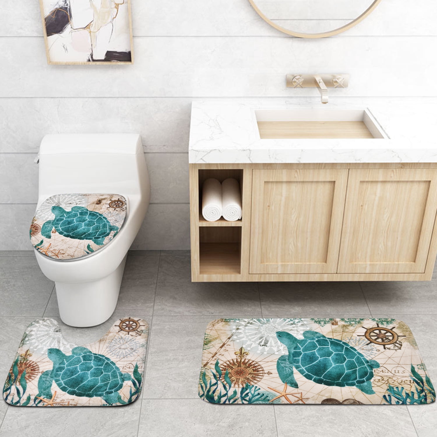 Ikfashoni Sea Turtle Bathroom Sets, Teal Nautical Shower Curtains and Bath Rug Set and Toilet Lid Cover